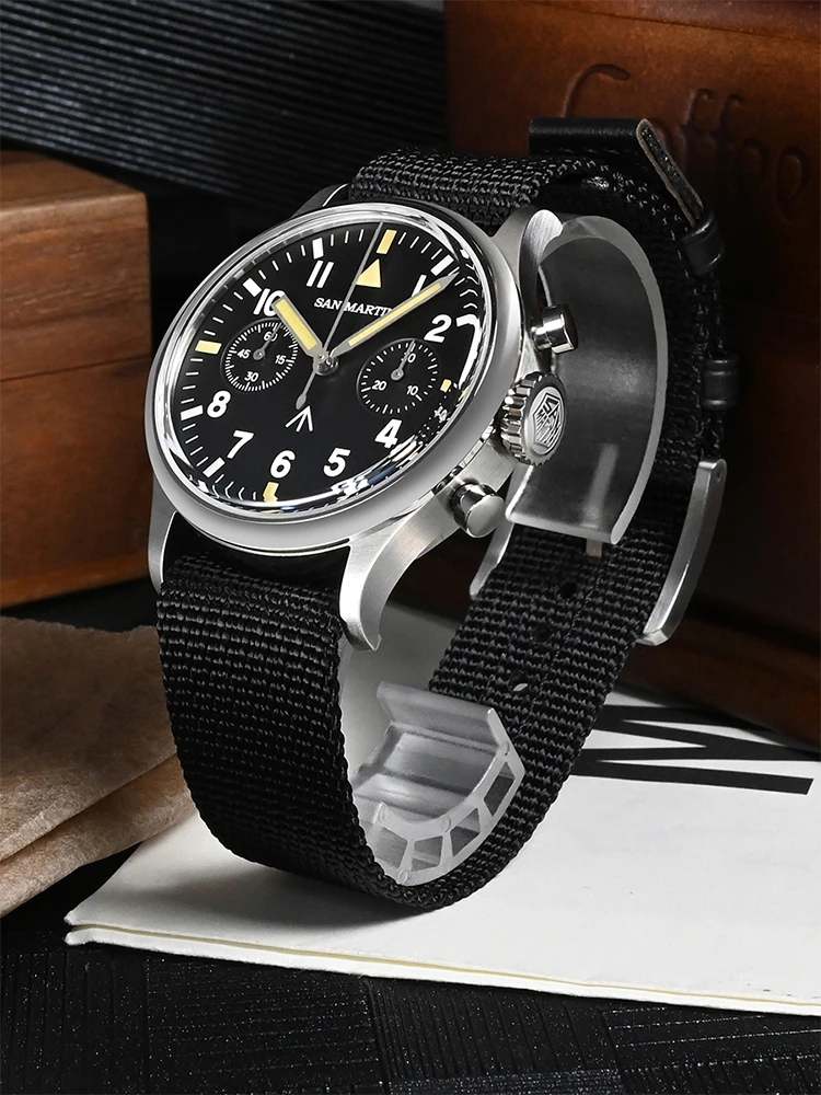 San Martin 38.5mm Mens Chronograph Pilot Watch Luxury ST1901 Manual Mechanical Simple Military Flieger Sapphire 10 ATM Luminous