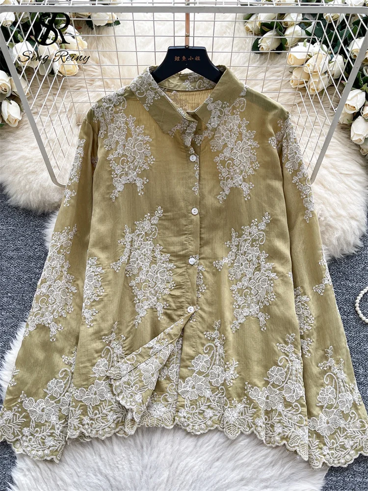 SINGREINY Senior Crochet Hook Embroidery Blouse Female Single Breasted Long Sleeve Loose Tops Fashion Luxury Jacquard Chic Shirt