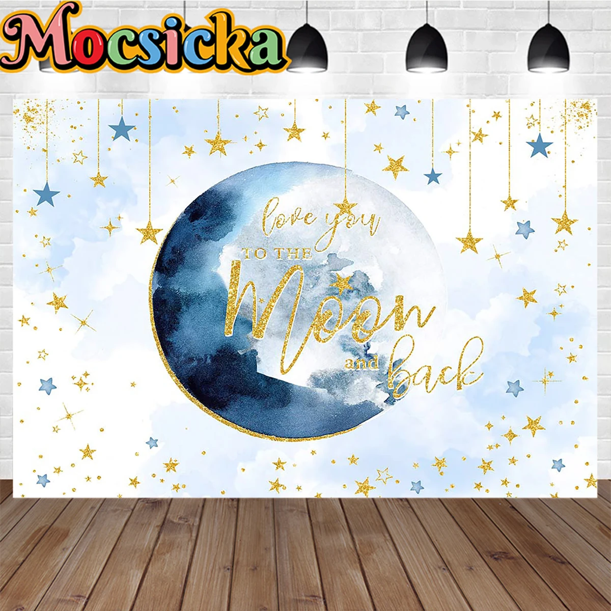 Mocsicka Sfondo Di Compleanno Blu Dreamy Stars Moon Shining Gold Decoration Boy Neonato Shower Cake Table Puntelli Sfondo