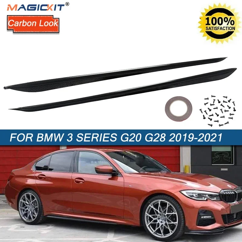 MagicKit For BMW 3 Series G20 G28 M-Sport Bumper 2019-2020 Carbon Fiber Look Car Lip Splitter Side Skirts Body Kit