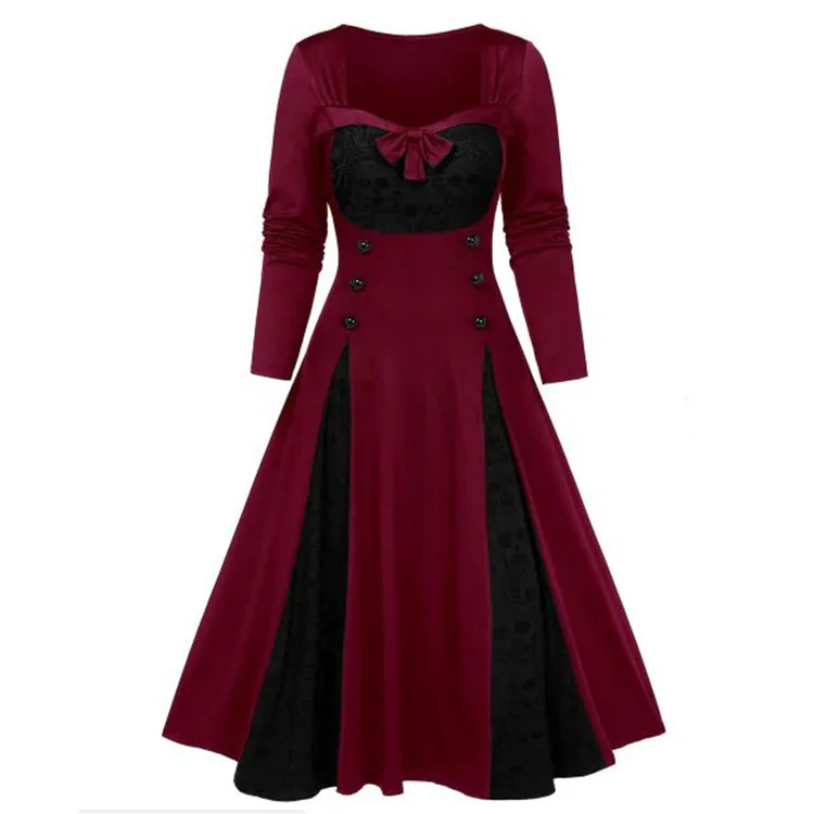 Vestidos com Decote em v Mandylandy Laço Costura Vestido Vintage Cintura Alta Grande Balanço Contrastante-cor Bandagem Manga Longa Retro 6 grande balanço contrastante-cor vestidos com decote em