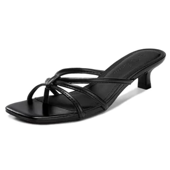 Kitten Heels for Women Square Toe Strappy Flip Flop Low Heels Slip On Thong Heeled Sandals for Office, Party, Wedding