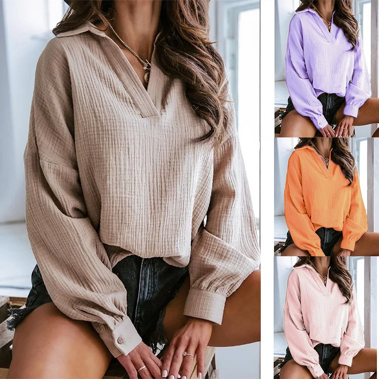 

Autumn and Winter Women's Balloon Sleeve Solid Color Shirt