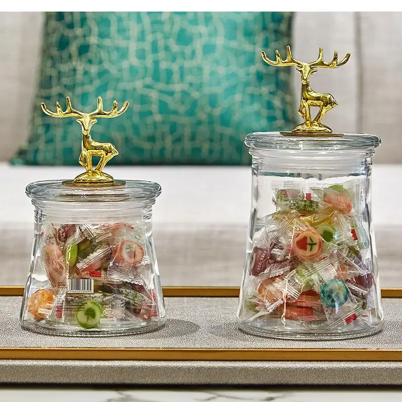 

Simple European-style Golden Deer Transparent Glass Sealed Living Room Decoration Storage Jar Candy Dried Fruit Jar Storage Jar