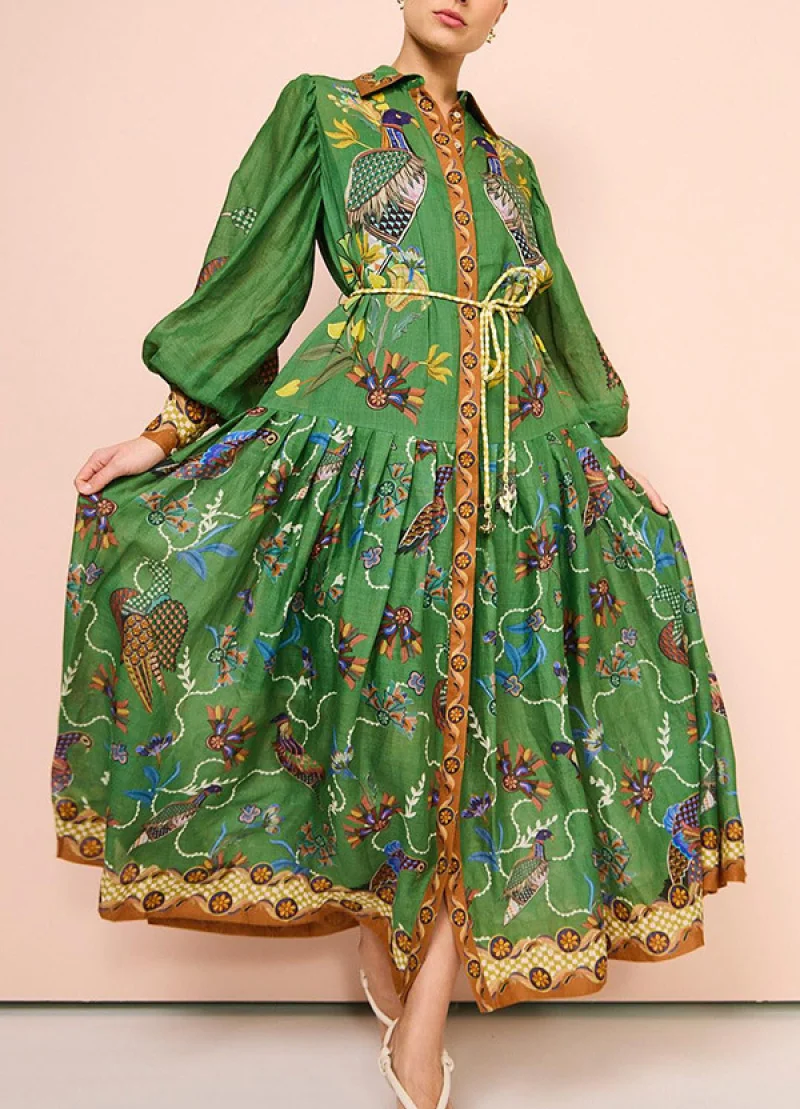

Animal Printed Green Maxi Dress for Women African Fashion Style Large Swing Long Sleeved Party Dress 2024 New Dropshipping W68