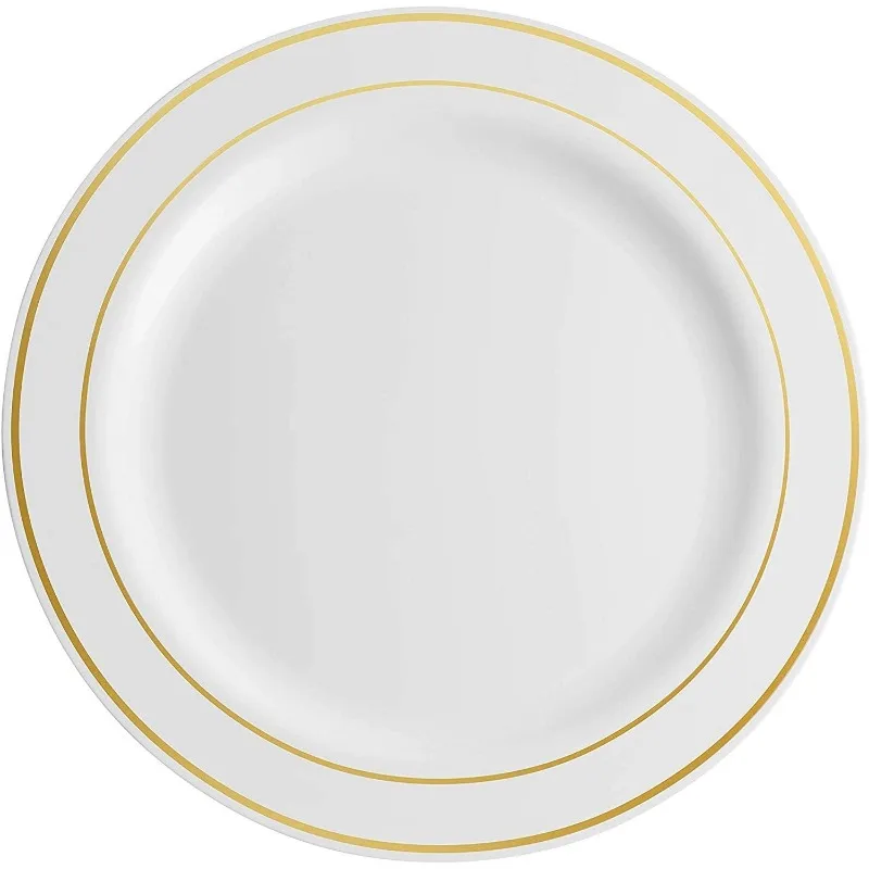 100 Piece Plastic Party Plates White Gold Rim 10.25 Inch Dinner Elegant Fancy Heavy Duty Disposable Wedding Plates dining dish