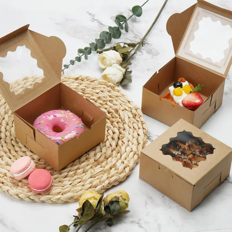 50/100Pcs Kraft Paper Cake Boxes with Clear Window, 4x4x2.5 Inch Cardboard Dessert Cont... - SKU KPCB1696 - UGI Packaging