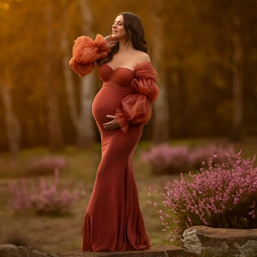 Temný červený mořská panna ples šaty ženy ramínek dlouhé rukávy fotografie oblékání talár těhotenství babyshower
