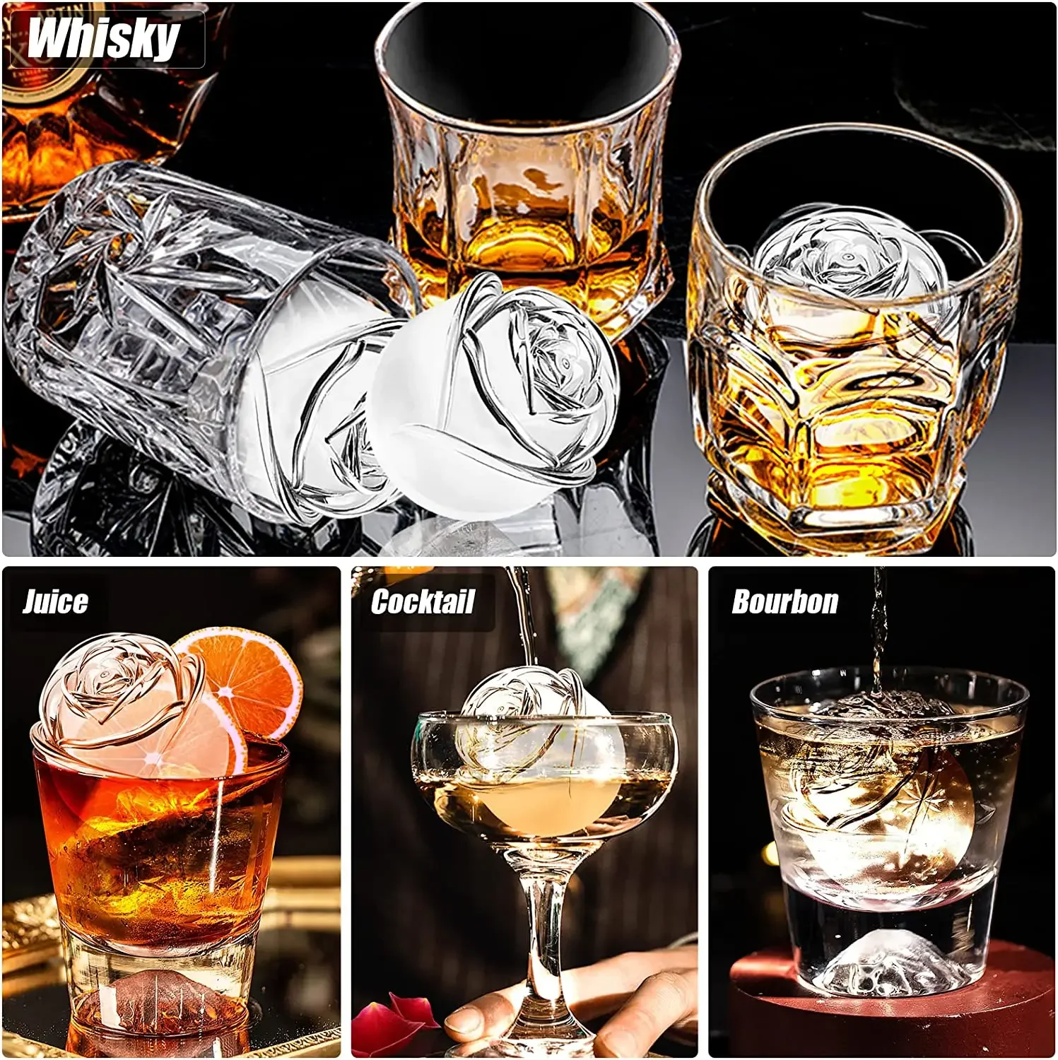 3D Rose Ice Molds 2.5 Inch, Large Ice Cube Trays, Make 4 Giant Cute Flower Shape Ice, Silicone Rubber Fun Big Ice Ball Maker 4