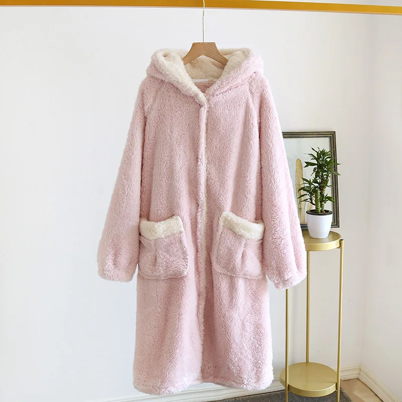 Mid-Length Flannel Bathrobe For Women Winter Solid Color Long-Sleeved Hooded Ladies Nightgown 2023 New Simple Casual Sleepwear