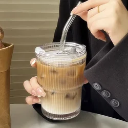 600ml Transparent Stripe Glass Tumbler with Lid and Straw - 400 - 600ml (400ml)