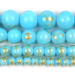 White Red Gold Plated Jade Round Natural Stone Beads for Jewelry Making and DIY Accessories (Sky Blue)