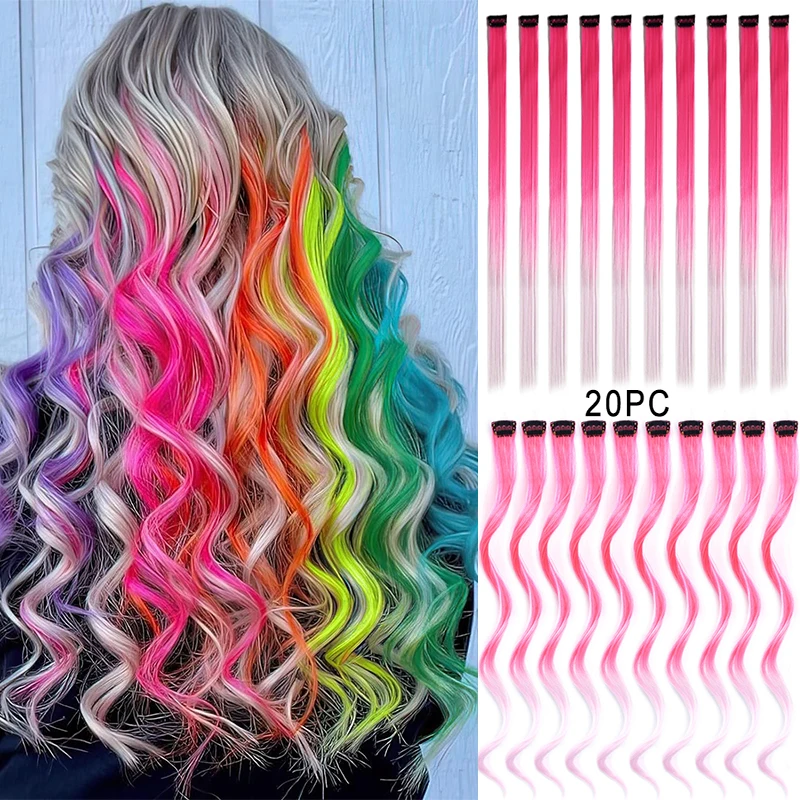 20PCS Curly Colored Hair Extensions Party Highlights Colorful Hair Extensions Rainbow Curly Wavy Synthetic Hairpieces for Girls