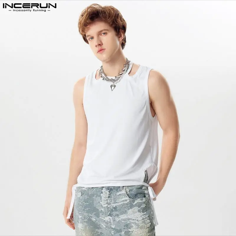 

INCERUN Tops 2024 American Style New Men's Solid Knitted Hollowed Strap Vests Fashionable Deconstruction Design Tank Tops S-5XL
