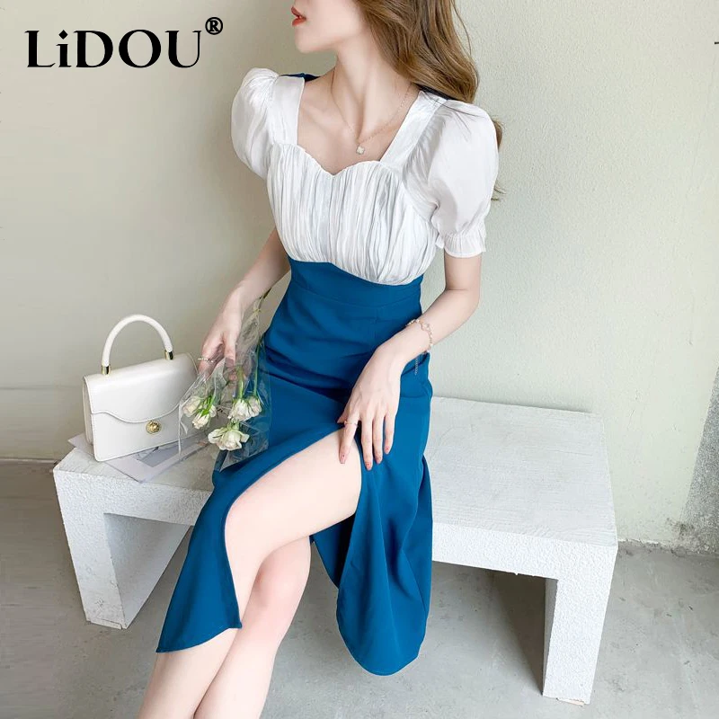 

Summer Elegant Fashion Square Collar Folds Patchwork Waist Dress Ladies Puff Short Sleeve Slit Vestico Women Temperament Robe