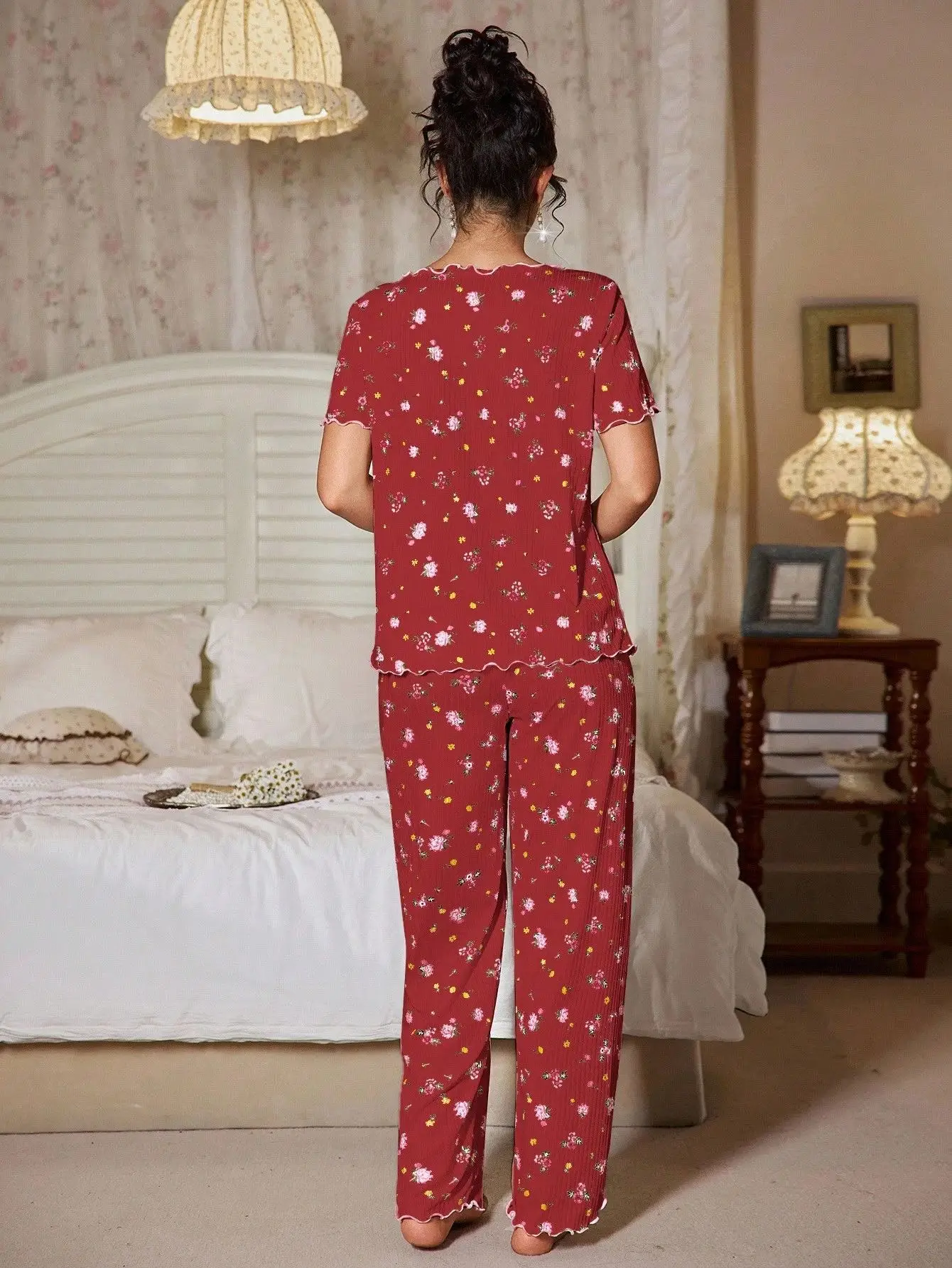 New European and American style loose-fitting women's pajamas, floral short-sleeved long pants home wear, casual two-piece set s