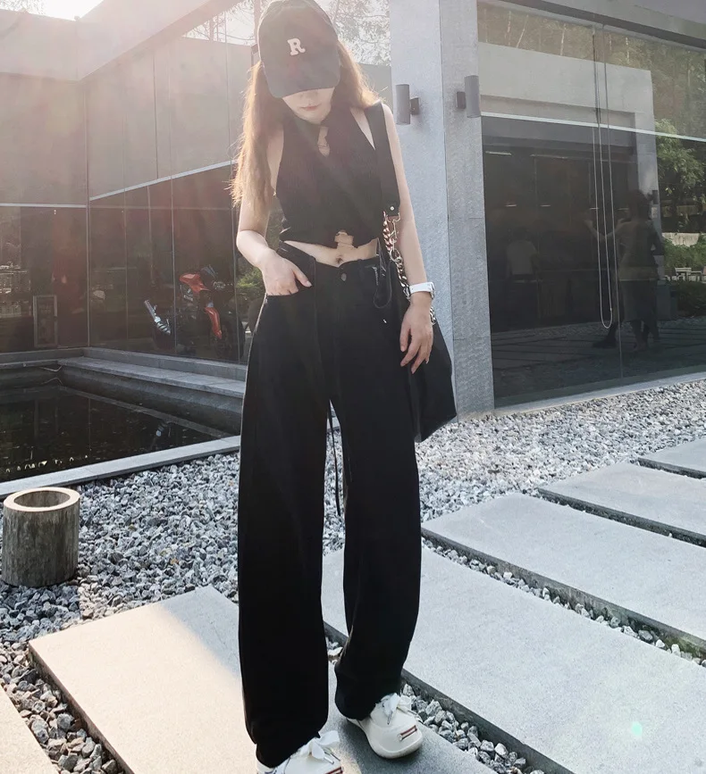 

Dark Blue Womens Jeans High Waist Vintage Straight Baggy Denim Pants Streetwear American Style Fashion Wide Leg Denim Trouser