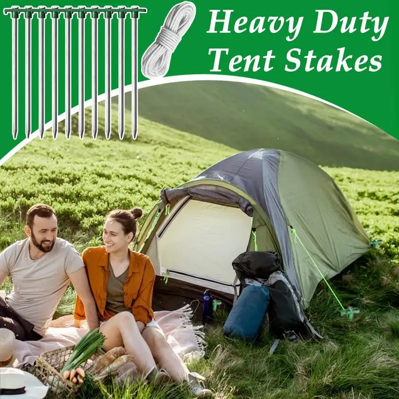 Tent Stake For Outside 10-piece Heavy Duty T-Shaped Pegs With 4 Ropes For Campsite 10.25-Inch Ground Spikes Camping Backyard