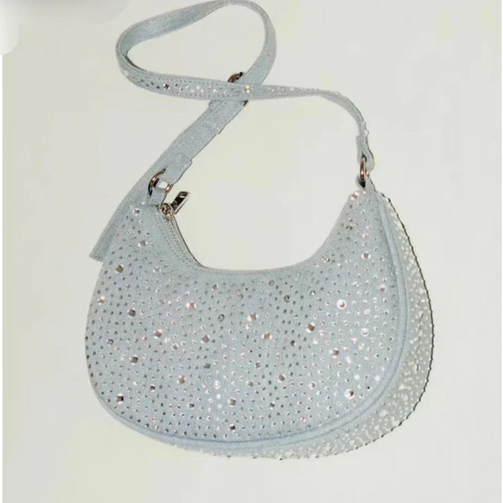 

Designer Small Tote Bags for Women Fashion Diamond Denim Handbags Rhinestone Underarm Bag Luxury Canvas Shoulder Bag Female Chic
