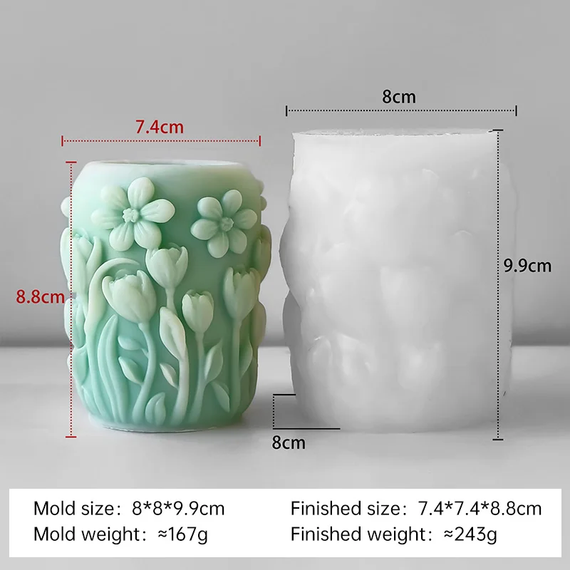 Handgemachte Aroma-Kerzen-Gipsornamente: Blumen-Säulenformen für Heimdekoration, 3D-Zylinder-Ahorn-Blüten-Tulpen-Silikonform – Detail 14
