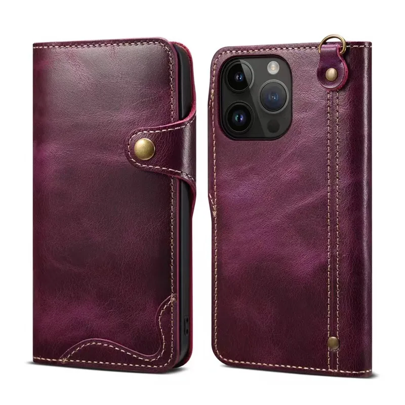 Elegant Genuine Leather Wallet Phone Case with Hand Strap