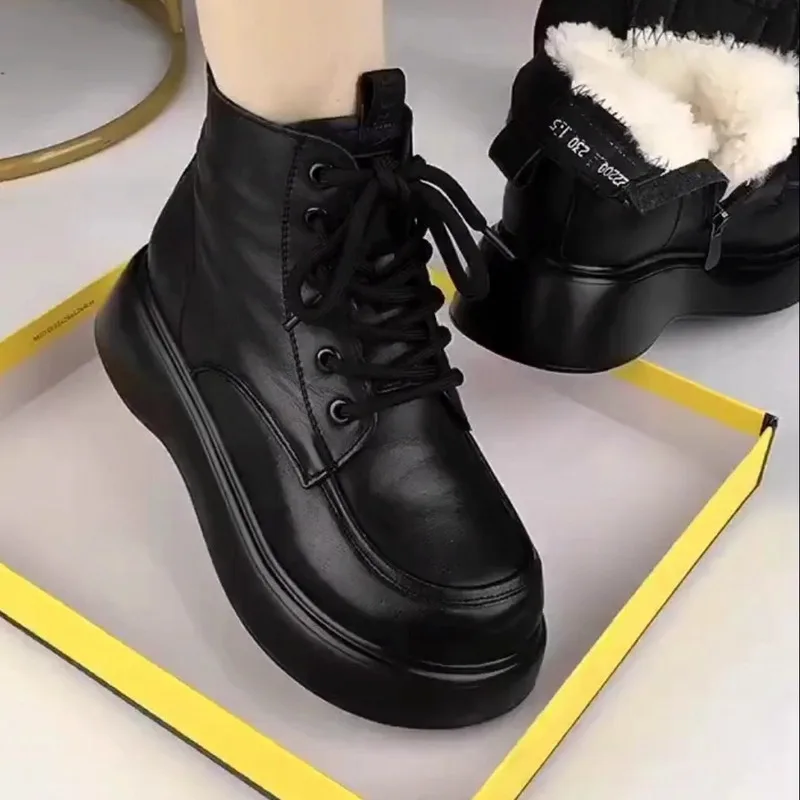 Genuine Leather Wool Snow Boots for 2023 Women's New Winter Plush and Fur Integrated Warmth Thick Versatile Cotton Boots
