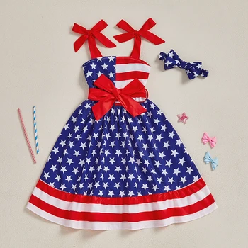 Girls Fourth of July Outfits American Flag Print Ruffle Sleeveless Dress with Matching Headband for Independence Day 1