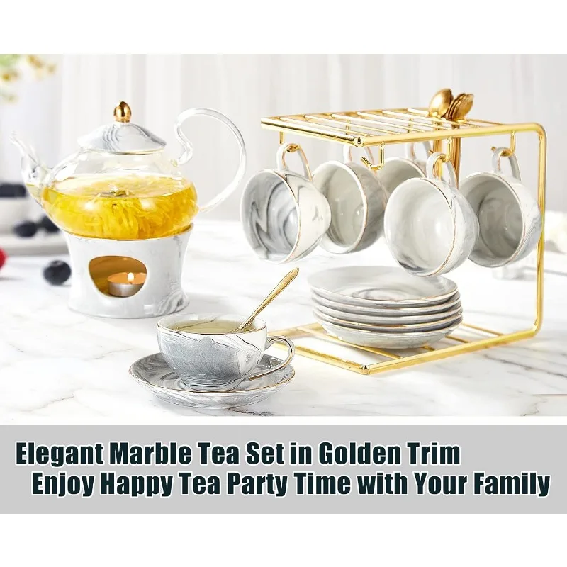 Small Tea Set of 6, Handcraft Golden Trim, Porcelain Tea Pot Set for Kids&Adults, 1 Glass Teapot(22oz), 6 Cups(4oz), 6 Saucers
