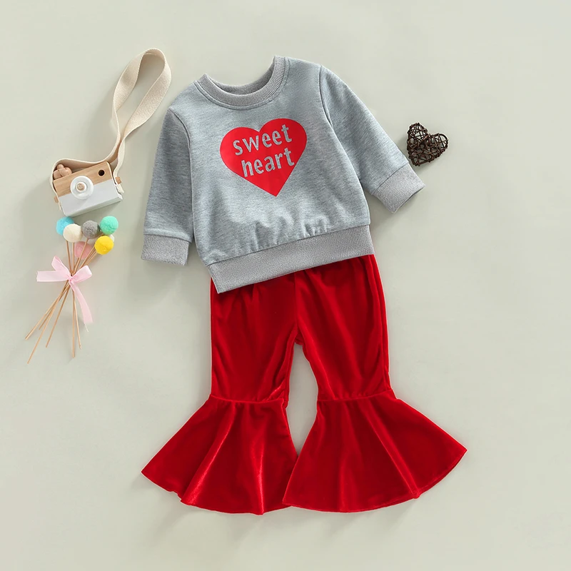Girls' Valentine's Heart Sweatshirt & Velvet Pants 2