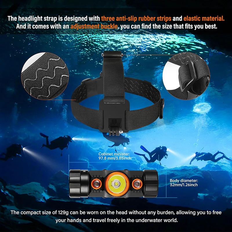 ORCATORCH TD01 Scuba Diving Headlamp 1200-Lumen Light Dual-Color (White/Red) Underwater 150M Waterproof Headlight Cave Dive