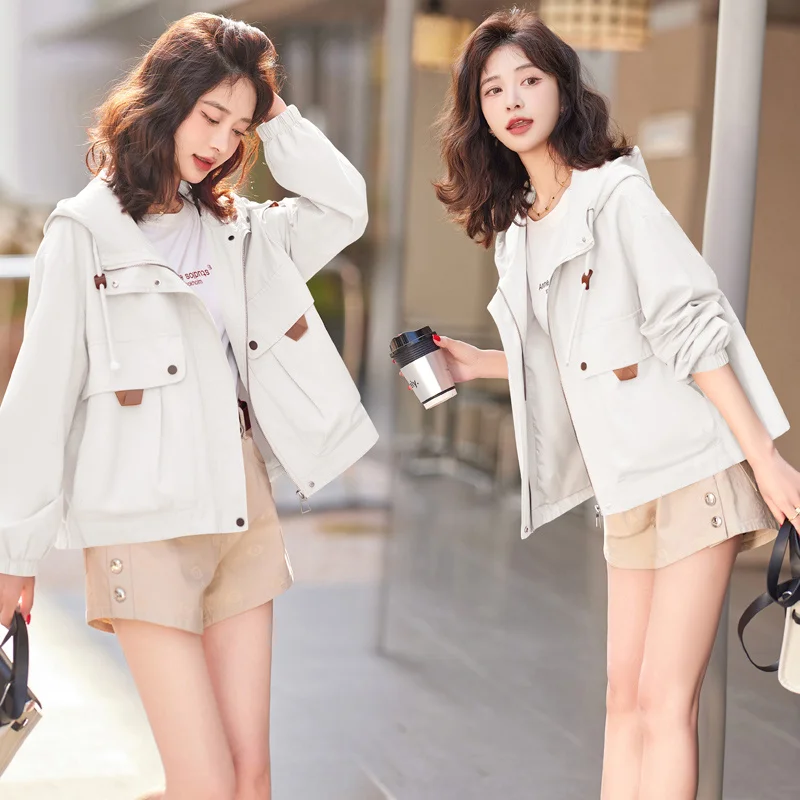 White Short Jacket For Women's Spring Autumn 2024 New Fashion Loose Casual Versatile Hooded Work Jacket Top With Lining Outwear
