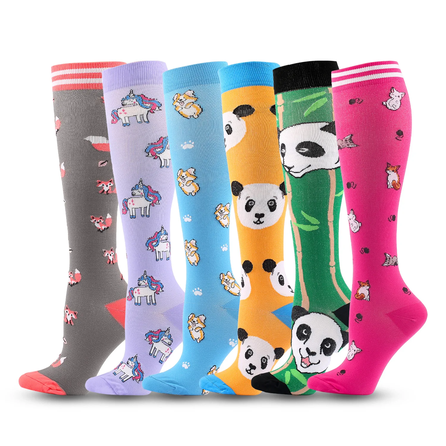 Cartoon Compression Socks Multi Pairs Sports Socks Fit for Running Hiking Cycling Knee High Women's
