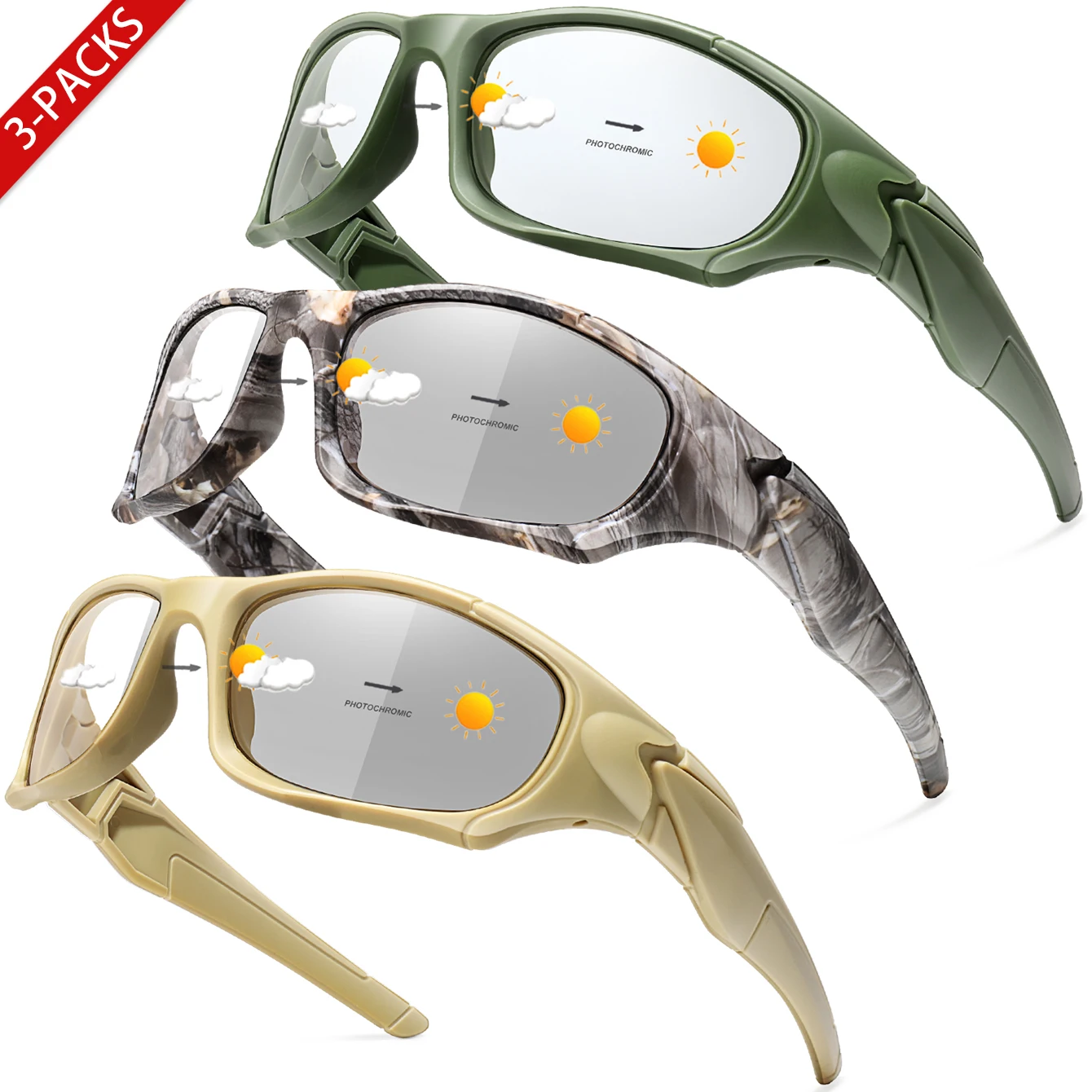 3er-Pack Photochrome Fahrrad-Sonnenbrillen Taktische Tarnfarben-Outdoor-Sportbrillen Vintage Fahr-, Reit-, Angel- und Windschutzbrillen