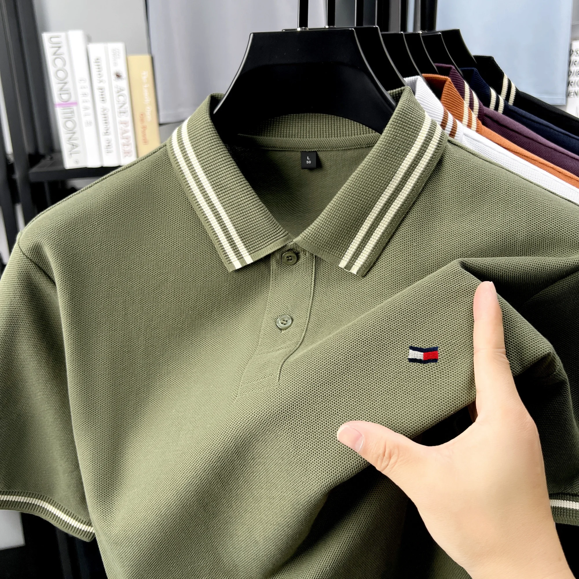 100% pure cotton summer men's original custom embroidered short sleeve fashion striped collar polo shirt breathable T-shirt top 8 S823508e0f1d74d0480d9553aec246e7b7