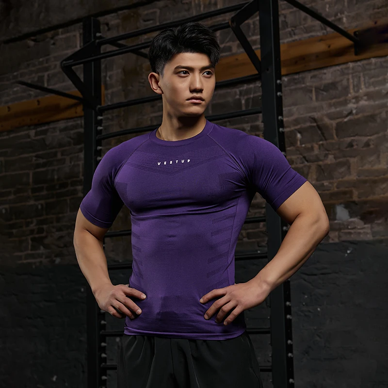 Vest Up American Slim-Fit Seamless Fitness Short Sleeve Men's Textured Short Sleeve High Elastic Anti-Wrinkle Men's T-Shirt