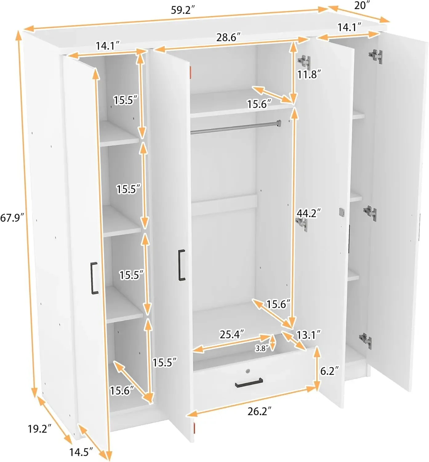 4-Door Wardrobe with Drawers, Shelves and Hanging Rail, Freestanding Armoire Wardrobe Closet, (White+4-Door) 4