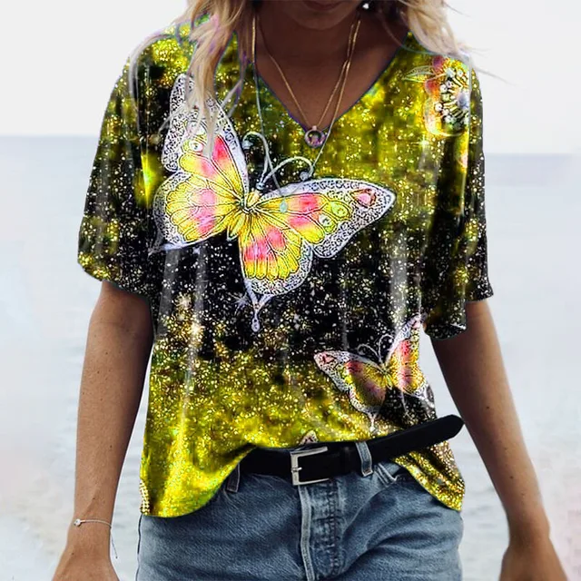 4XL 5XL Summer Butterfly Print Casual T Shirt Women Half Sleeve V-Neck Loose Female Pullovers Shirt Plus Size Tops Street Tee 5