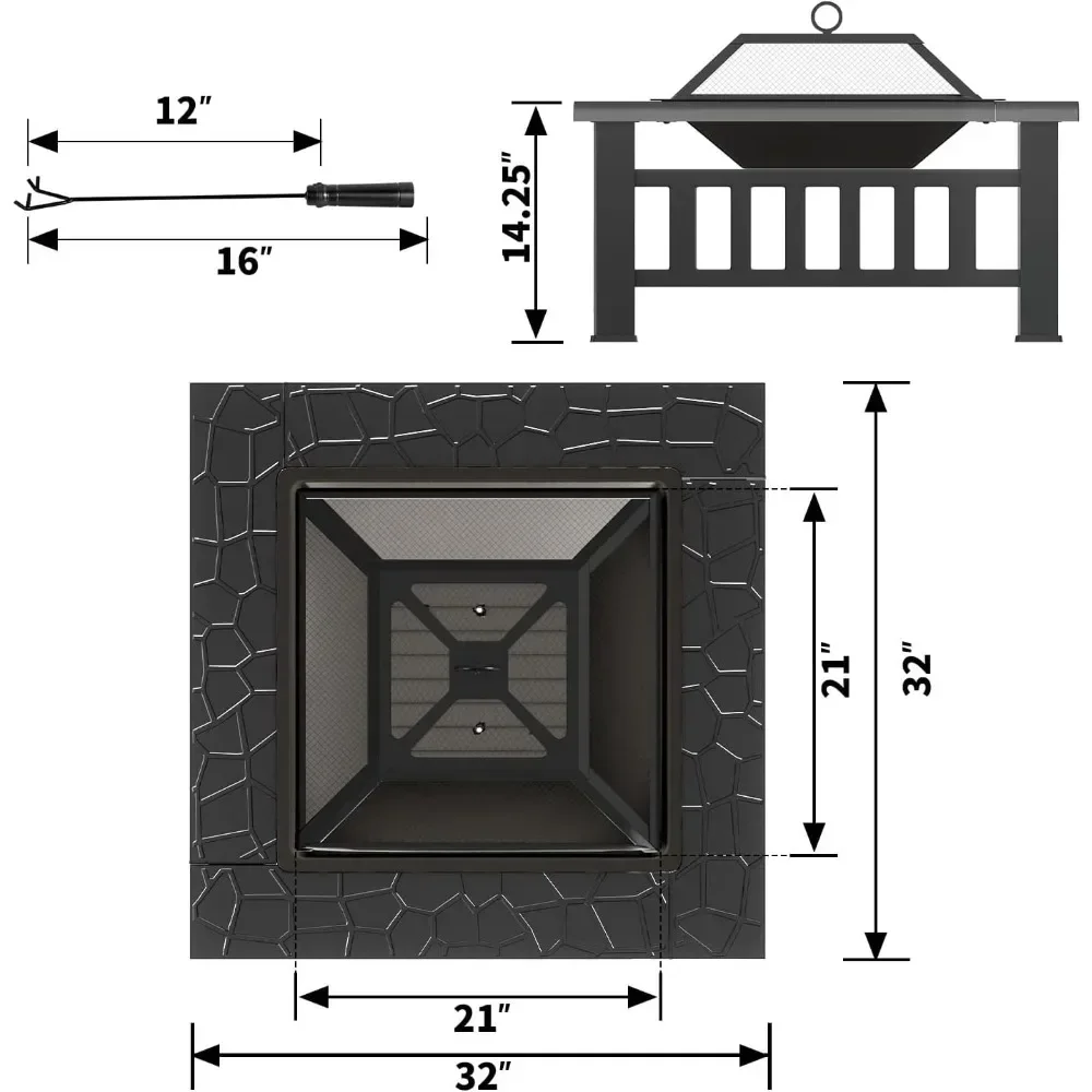 32in Fire Pit Table,Square Metal BBQ Firepit Stove Backyard Garden Fireplace with Spark Screen Lid and Rain Cover for Camping