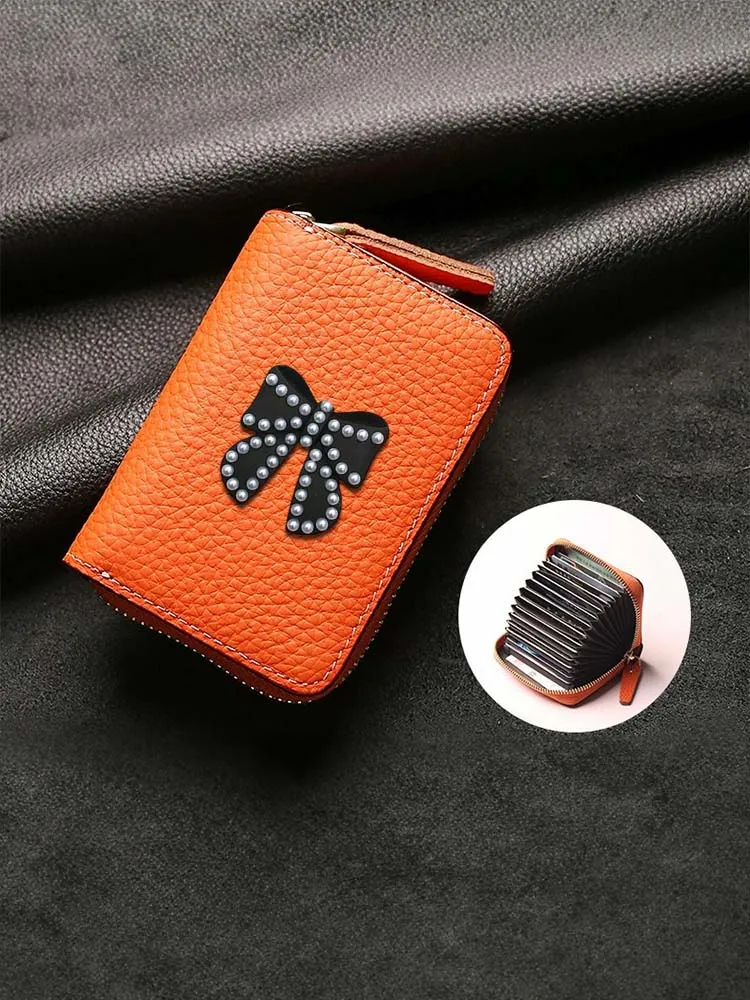 

Card ID Holders: PU Holder for Everyday Card ManageWoment Pearl Crystal Gold Bow Decor