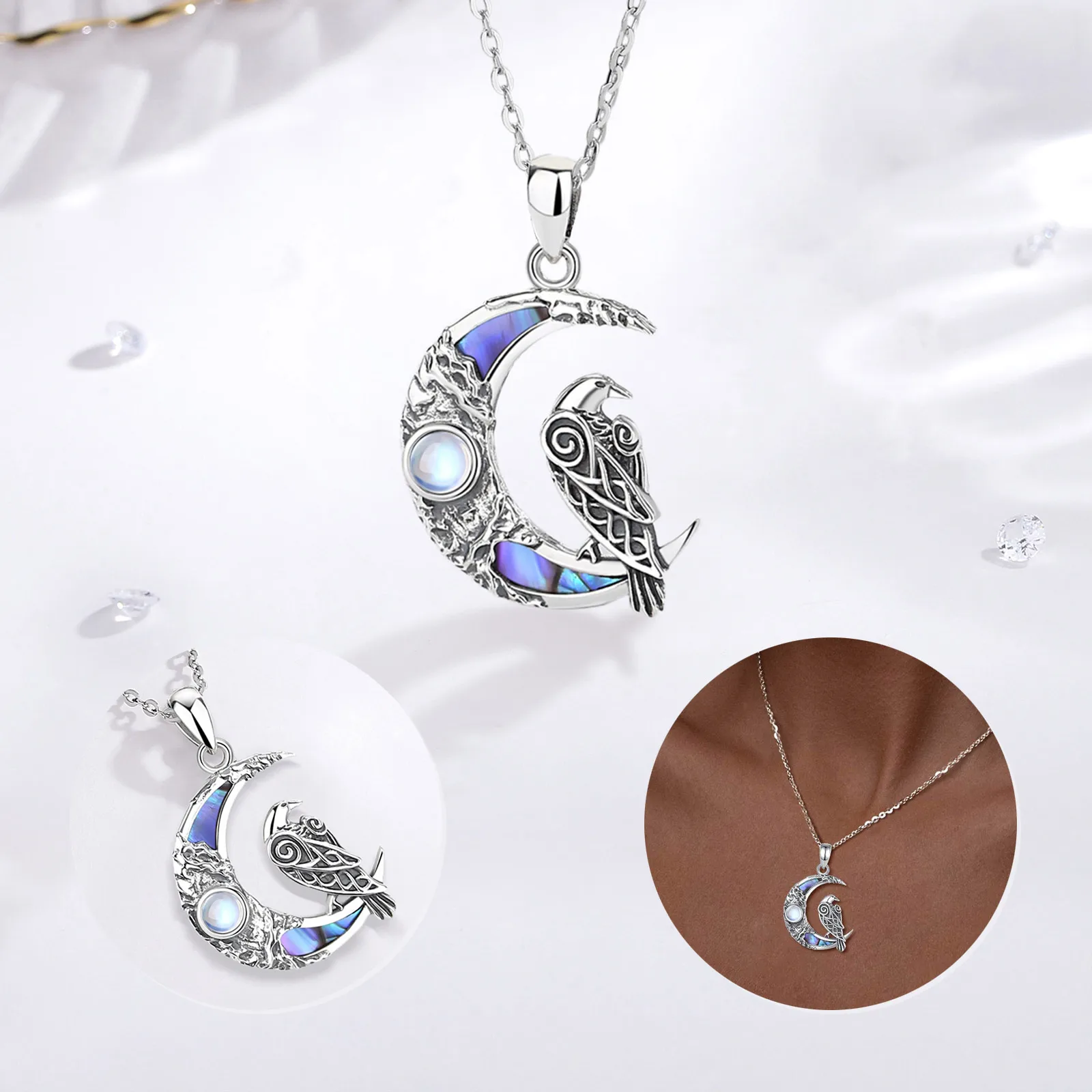 Collana Corvo Celtico In Argento 925 Con Pietra Di Luna E Abalone – Gioiello Viking, Regalo Per Donne