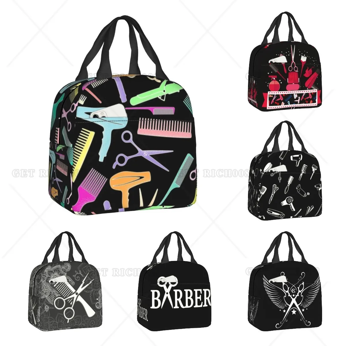 Salon HairCut Dressing Tool Pattern Insulated Lunch Tote Bag for Women Hairdresser Barber Gift Resuable Thermal Cooler Bento Box fighting game mortal kombat insulated lunch tote bag women scorpion sub zero warrior resuable cooler thermal bento box school