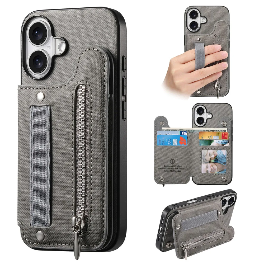 Zipper Cards Slot Leather Wallet Case with Elastic Wrist Strap