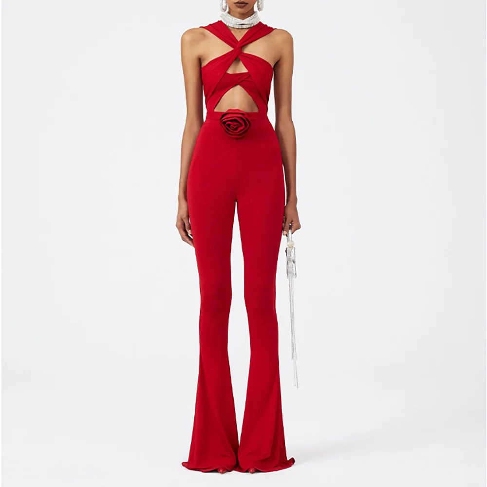 2023 Women's 3D Flower One Piece Swimsuit Flower Hollow Solid Color Sexy One-piece Swimwear and Trousers Set Beachwear