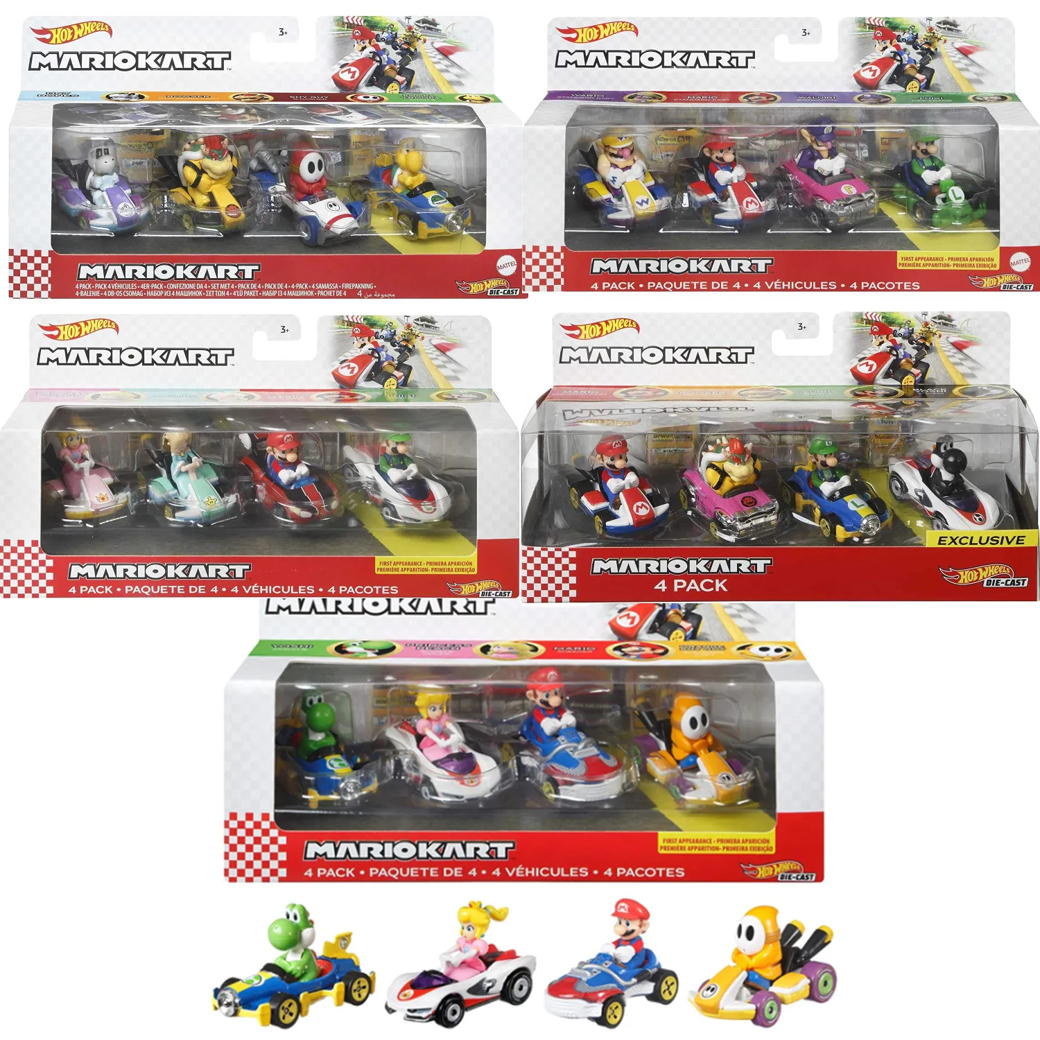 Hot Wheels Mario Kart Vehicle 4-Pack Set Fan-Favorite Characters 1