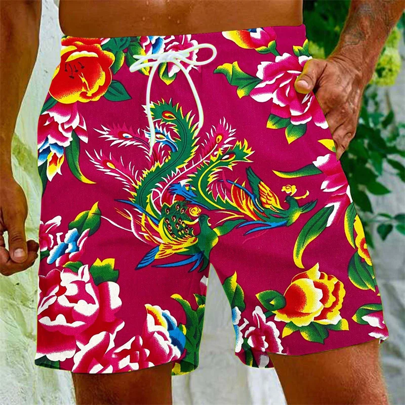 

Chinese Dongbei Flower 3D Printed Beach Shorts For Men Surfing Board Shorts Summer Vacation Short Pants Street Loose Swim Trunks