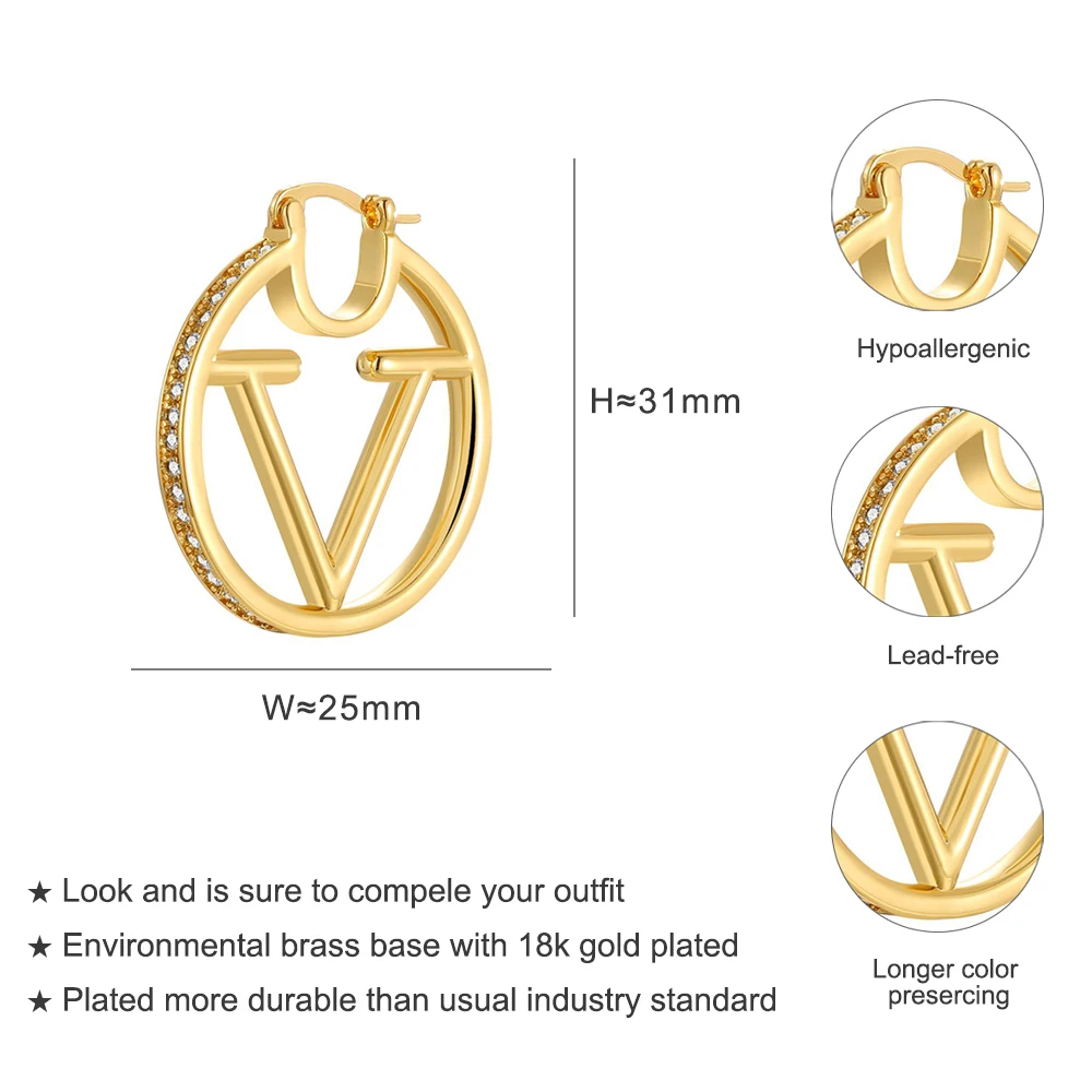 Double Sided Fashionable Round Letter V Zircon Ear Buckle for Women High-Quality Sense Hollow Jewelry Girls' Charm Earrings 3