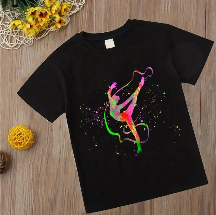 

Watercolor Gymnastics T Shirt New Kids Girl Tshirt Gymnastics Art Top Tee Fashion Children ClothesBlack T-shirts