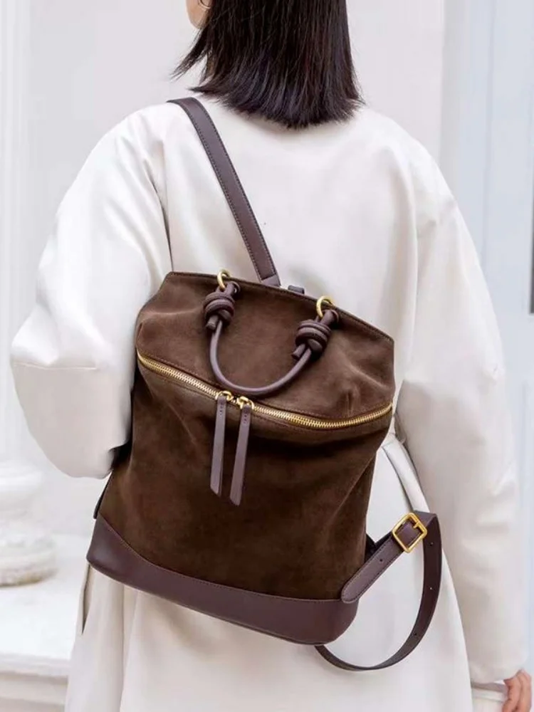 FIRMRANCH Splicing Frosted Cowhide Retro Simple Women's Backpack Anti-Theft Zipper Large Capacity Daily Commuting Pouch Fashion 5