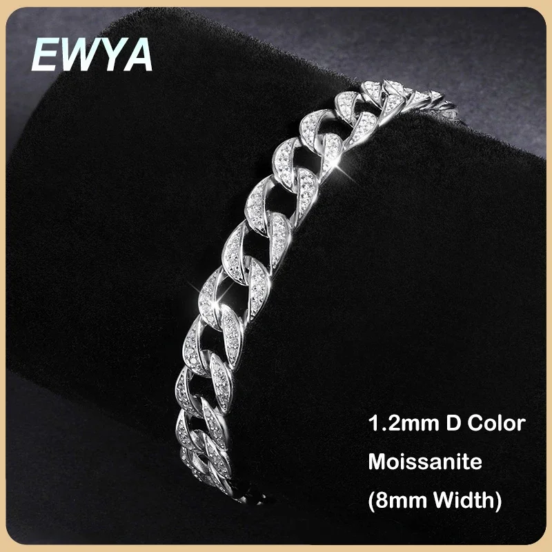 Full 1.2mm D Color Moissanite Cuban Link Bracelet Men Women Unisex S925 Silver Pass Diamond Test 8mm Wrist Bracelets EWYA moissanite silver bracelet