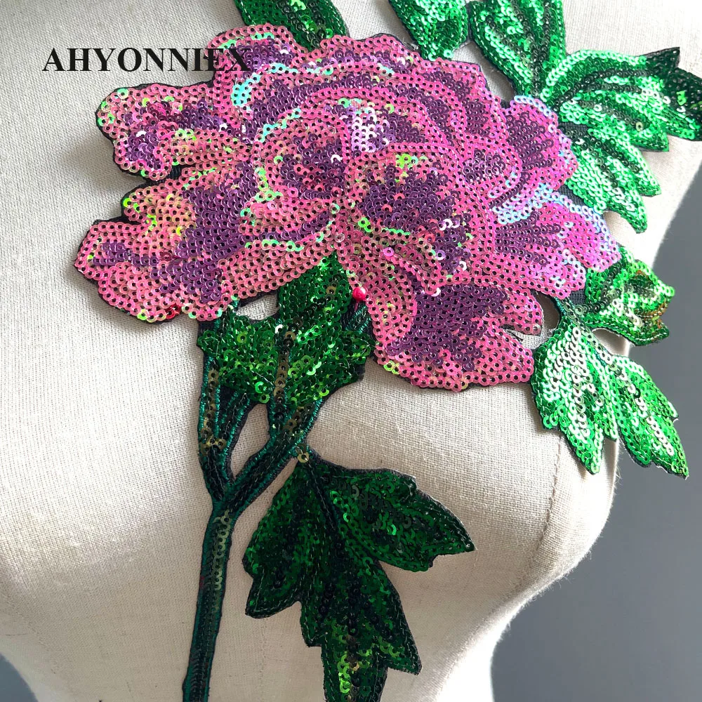 1-teiliger großer roter rosa Blumen-Patch mit Pailletten, Patch für Kleidung, Kleidung, Aufkleber, Applikationen, zum Aufbügeln – Detail 3